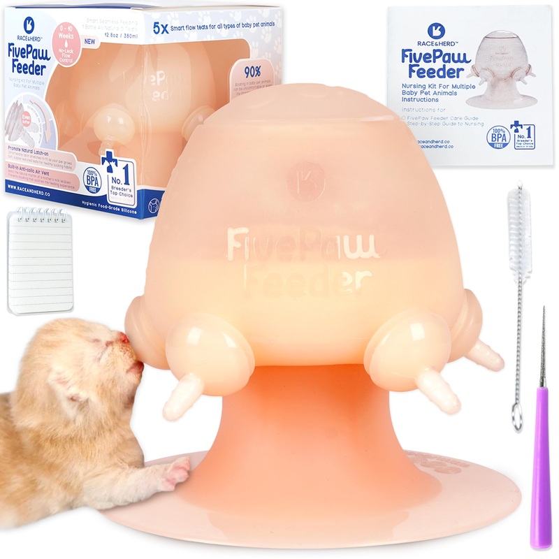Race&Herd FivePaw Kitten Puppy Feeders for Multiple Puppies of 5 | Puppy Bottles for Nursing Puppy Milk Feeder – Puppy Nipple Feeder Silicone Puppy Feeder with Nipples (12.8 Fl Oz, Natural) 12.8 Fl Oz