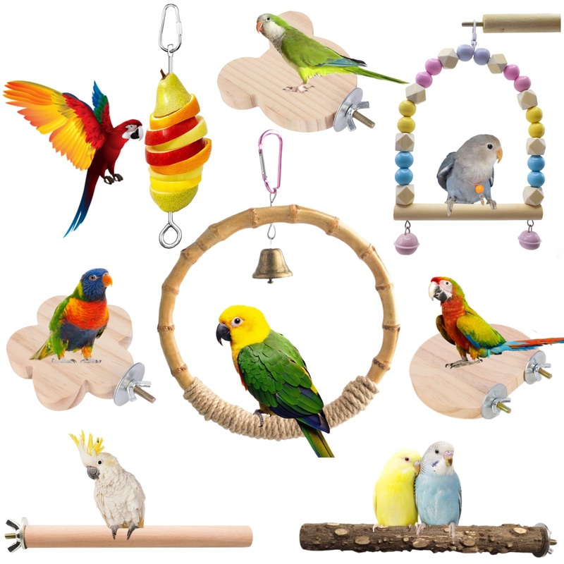 8 PCS Bird Cage Accessories Parrot Perch Bird Swings Parakeet Stand Platforms Bird Cage Feeder Bird Cage Toys for Parakeet,Cockatiel,Budgie,Conur,Cockatoo,Canary and Other Small Medium Birds