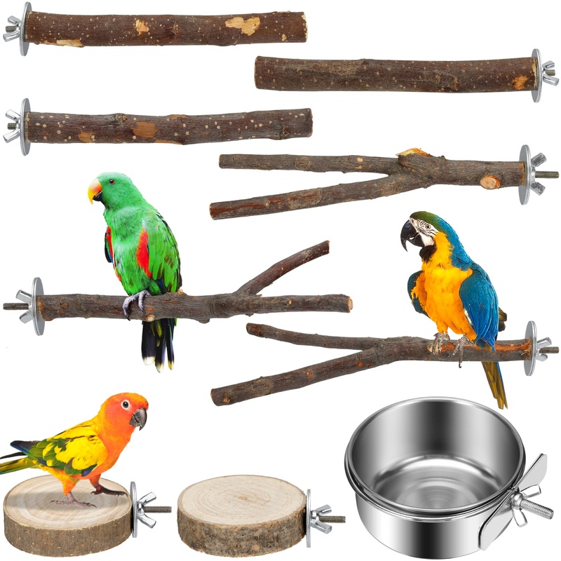 Bird Perches 9 Pack Parakeet Toys Wooden Parrot Stand Branch, Bird Cage Accessories with Bird Feeding Cup, Bird Toys for Cockatiels Small Birds