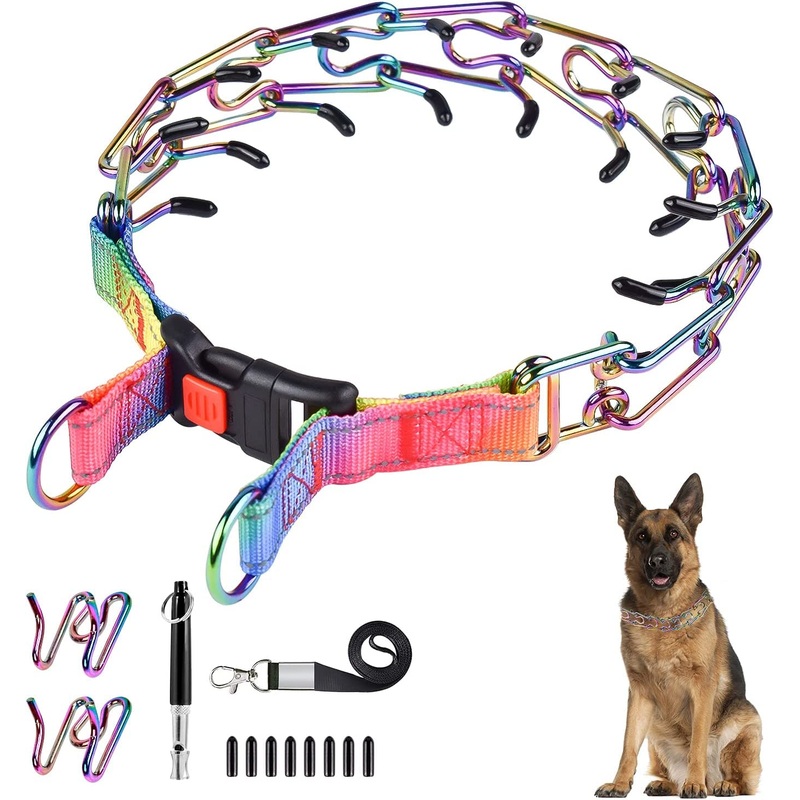 Dog Prong Traing Collar,Choke Pinch Collar for Dogs [2 Extra Links][Dog Whistle][Colorful] with Snap Buckle and Rubber Caps, No Pull Dog Collar for Medium Large Breed Dogs [Large] Multi-colored L (Neck 17-21”- Weight: around 70 lbs)
