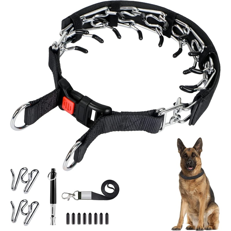 Dog Prong Traing Collar, Choke Pinch Collar for Dogs [2 Extra Links][Dog Whistle][Cover] with Snap Buckle and Rubber Caps, No Pull Dog Collar for Medium Large Breed Dogs [X Large] XL(Neck 20-25”- Weight: 90+ lbs)