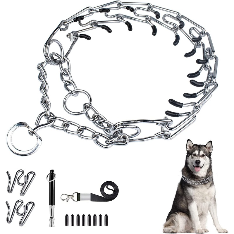 Dog Prong Traing Collar, Choke Pinch Collar for Dogs [2 Extra Links][Dog Whistle][Quick Release] with Martingale Chain and Rubber Caps, No Pull Dog Collar for Medium Large Breed Dogs [XL] XL(Neck 20-25”- Weight: 90+ lbs)