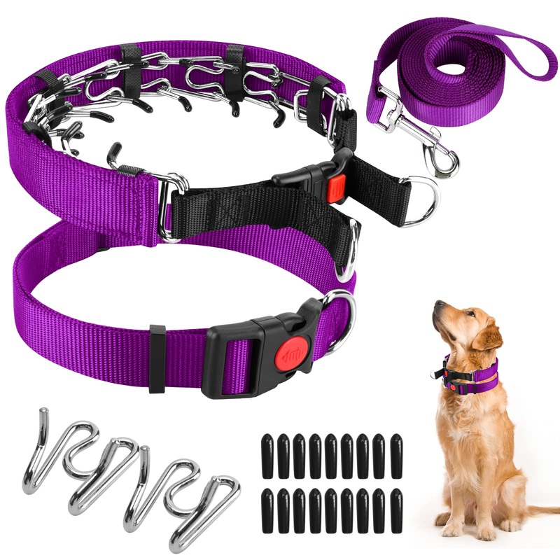 Dog Prong Training Collar, Dog Choke Pinch Collar with Nylon Cover Comfort Tips and Quick Release Snap Buckle, Dog Classic Collar and Dog Leash for Small Medium Large Dogs Large, 3.5mm, 17-21” Neck Purple