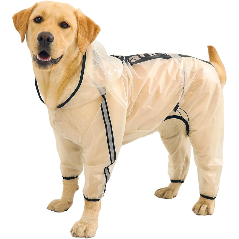 Dog Raincoat, Dog Hooded Slicker Poncho, 4 Legs Dog Rain Jacket with Reflective Stripe, Transparent Water Proof Resistant Dog Rain Snow Clothes for Small Medium Large Dogs Striped XL