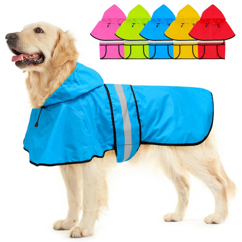 Dog Raincoat – Reflective Dog Rain Coat, Waterproof Dog Jacket, Adjustable Dog Rain Jacket with Hoodie, Lightweight Dog Poncho Slicker for Small Medium Large Dogs (Large, Blue)