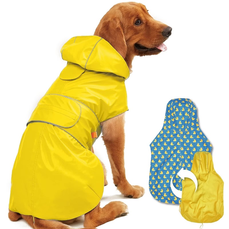 Dog Raincoat Reversible, Single Side Slicker Poncho Adjustable waterproof Dog Rain Jacket with Leash Hole/Reflective Stripe Hooded Snowproof Windproof Clothes for Small to 3X-Large Dogs, XL Yellow X-Large