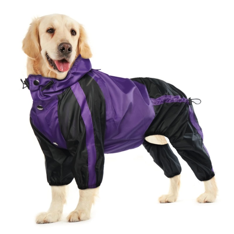 Dog Raincoat, Waterproof Dog Rain Coats for Large Dogs, Lightweight Rain Jacket, Adjustable 4 Legs Pet Poncho with Hood, Snow-Proof Dog Vest Rainwear, Rain Clothes Apparel with Leash Hole Purple