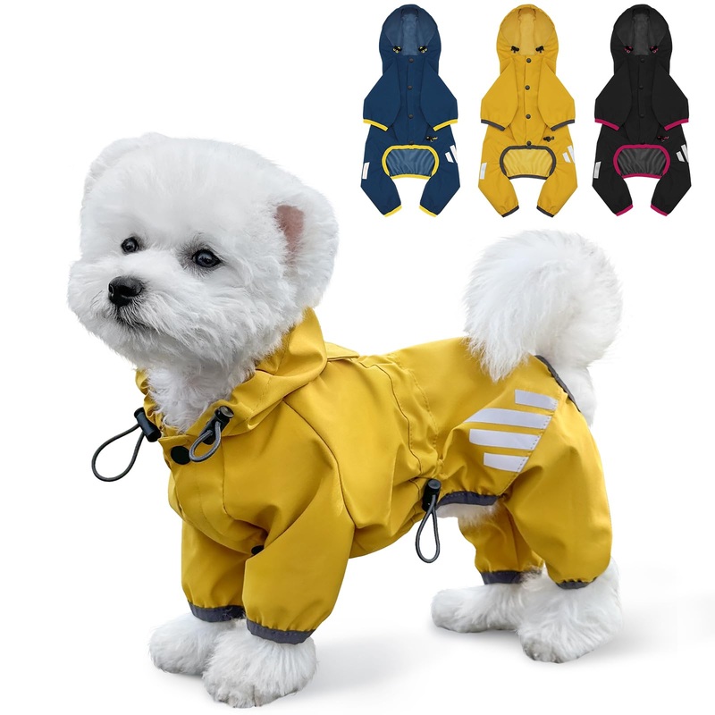 Dog Raincoat, Waterproof Dog Rain Jacket with Hood, Dog Rain Coat with Leash Hole, Reflective Strap for Small Medium Dogs, Lightweight Puppy Clothes(Yellow,S) S(Back Length12”) Yellow