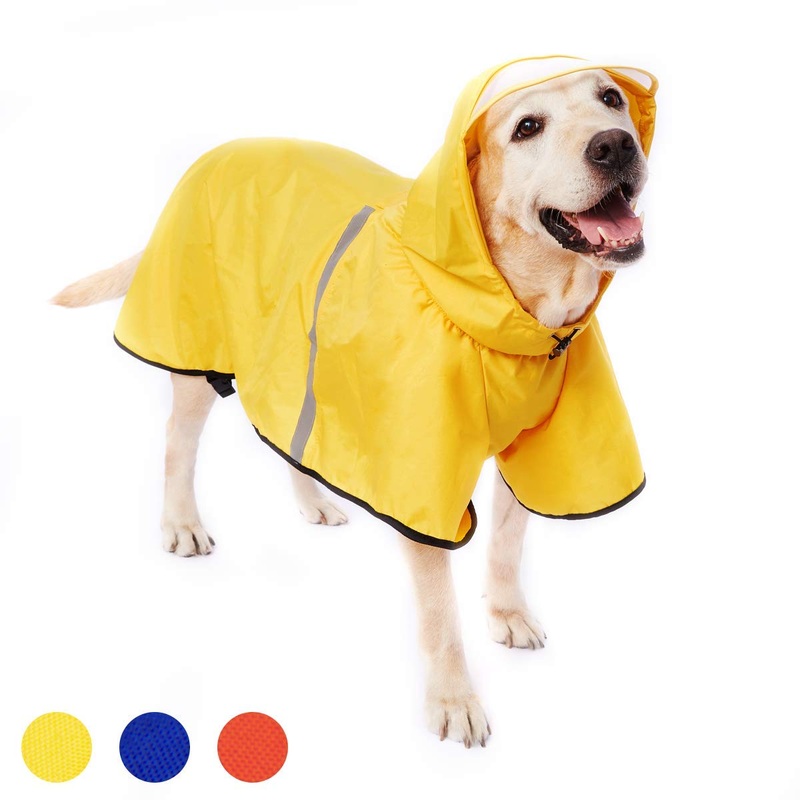 Dog Raincoat with Adjustable Belly Strap and Leash Hole – Hoodie with Reflective Strip – Waterproof Slicker Lightweight Breathable Rain Poncho Jacket for Medium Large Dogs – Easy to Wear, Yellow 4XL 4XL (Back: 24″)