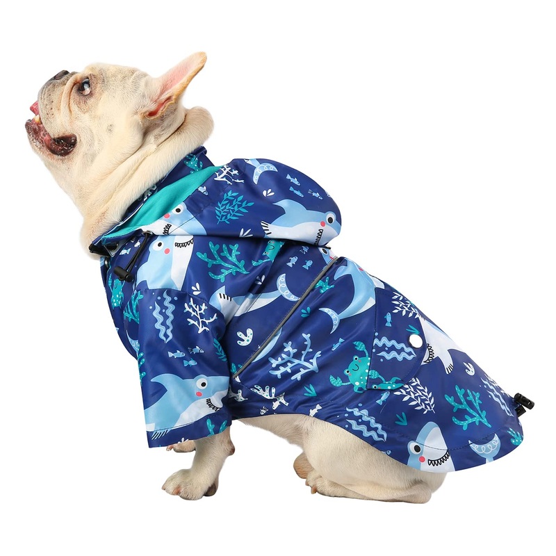 HDE Dog Raincoat Double Layer Zip Rain Jacket with Hood for Small to Large Dogs Sharks – L