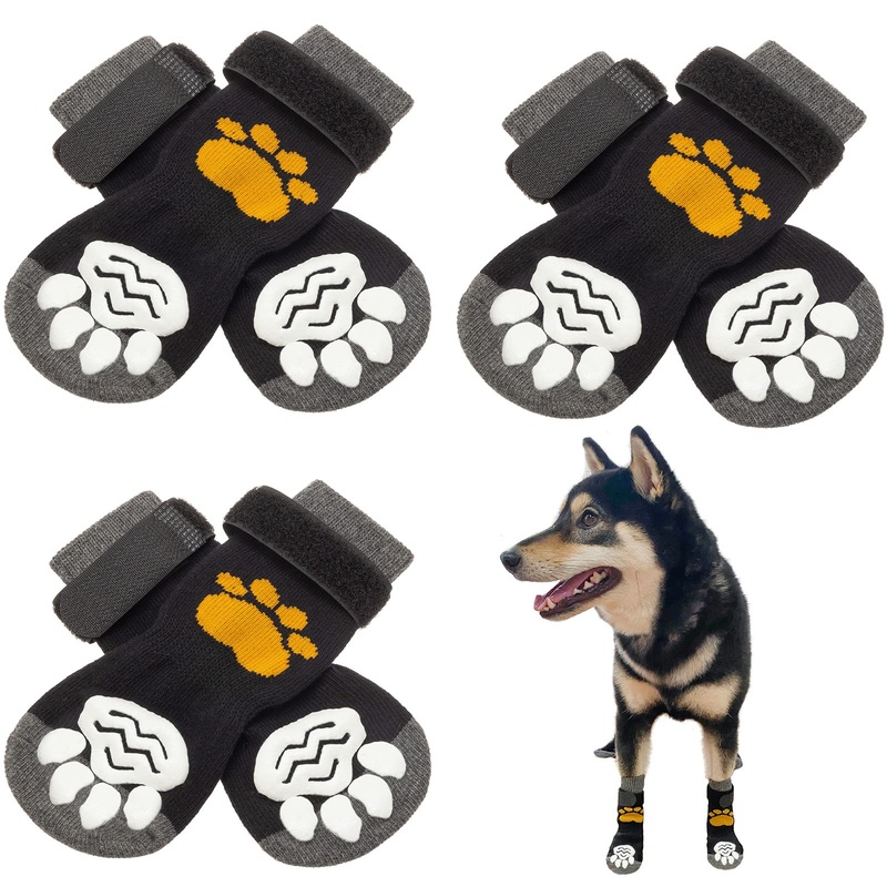 Non Slip Dog Socks with Grippers to Prevent Licking Paws for Hardwood Floors – Anti Slip Shoes 3 Pairs Booties Winter Boots Paw Protectors for Small to Large Senior Dogs Prevent Scratching L – Paw width 3.13 in Black