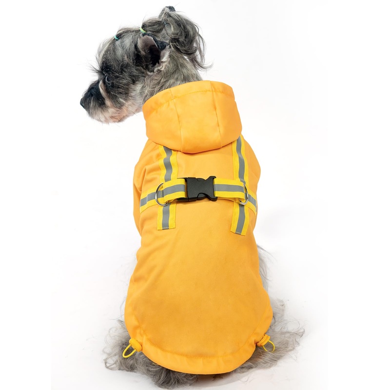 PUPTECK Dog Raincoat with Hood & Harness Built-in for Small Medium Dogs, Waterproof Dog Rain Jacket Slicker Poncho Reflective Dog Vest Clothes for Rainy Snowy Winter Cold Days, Yellow, S S (BACK 12.6″, CHEST 18″, NECK 13.5″)