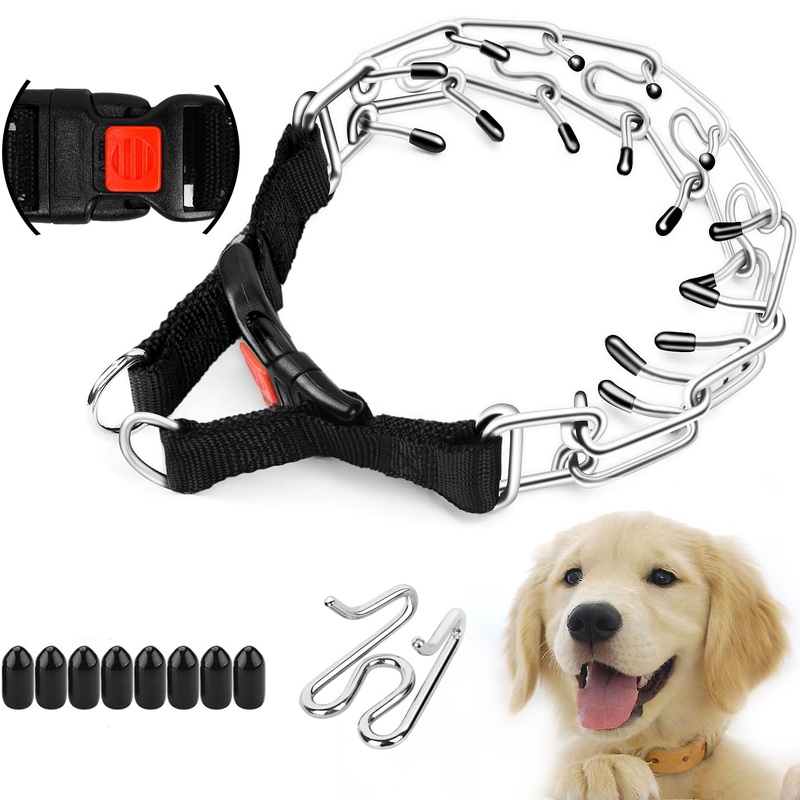Supet Prong Collar for Dogs, Adjustable Dog Choke Collar Adjustable Dog Pinch Collar with Quick Release Buckle for Small Medium Large Dogs(Packed with One Extra Links) M (Neck: 16″–18” Weight: around 50 lbs) Metallic