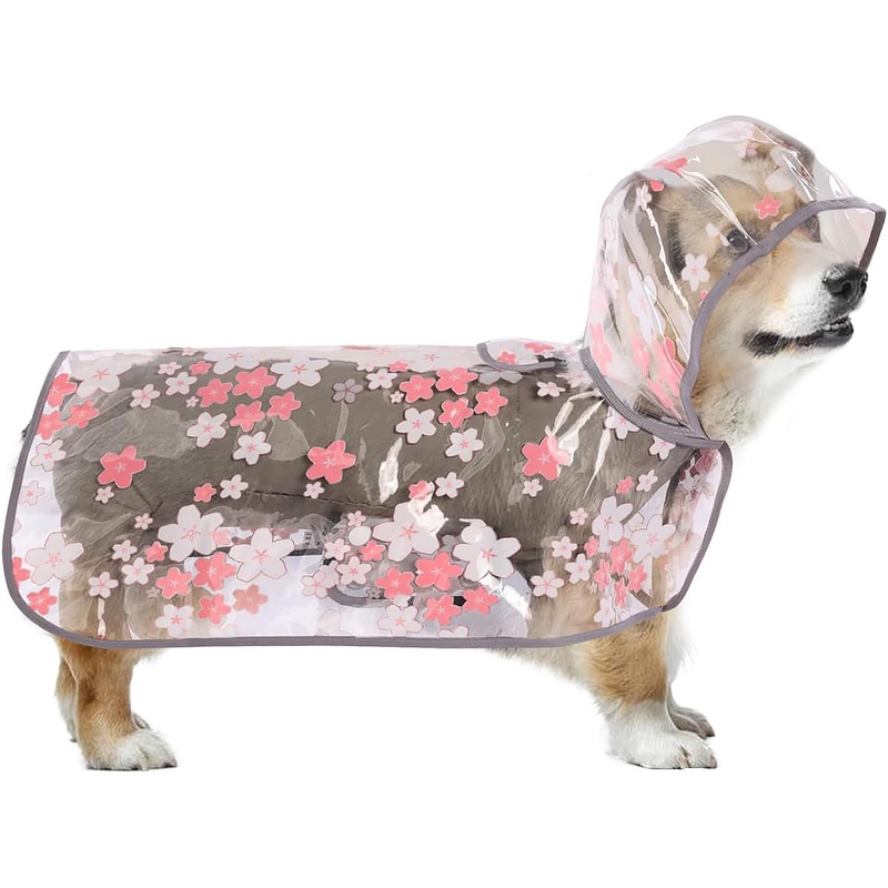 T’CHAQUE Dog Raincoat, Clear Flower Dog Rain Jacket, Puppy Dog Raincoats for Small Medium Large Dogs Poncho Raincoat with Hood, Waterproof Rain Coat for Dogs with Harness Hole Portable (Pink,S) Pink