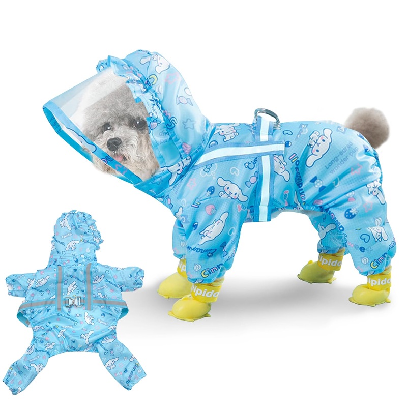 Waterproof Dog Raincoat, Adjustable 4-Legged Dog Rain Jacket with Hood and Leash Hole Reflective Lightweight Outdoor Rain Poncho Gear for Dogs Suitable for Small and Medium Dogs(Blue,Small) Bule