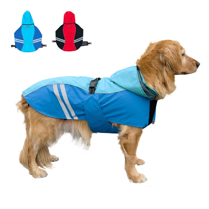 Waterproof Dog Raincoats with Hood for Medium Large Dogs, Poncho with Reflective Strap, Lightweight Jacket with Leash Hole. Blue