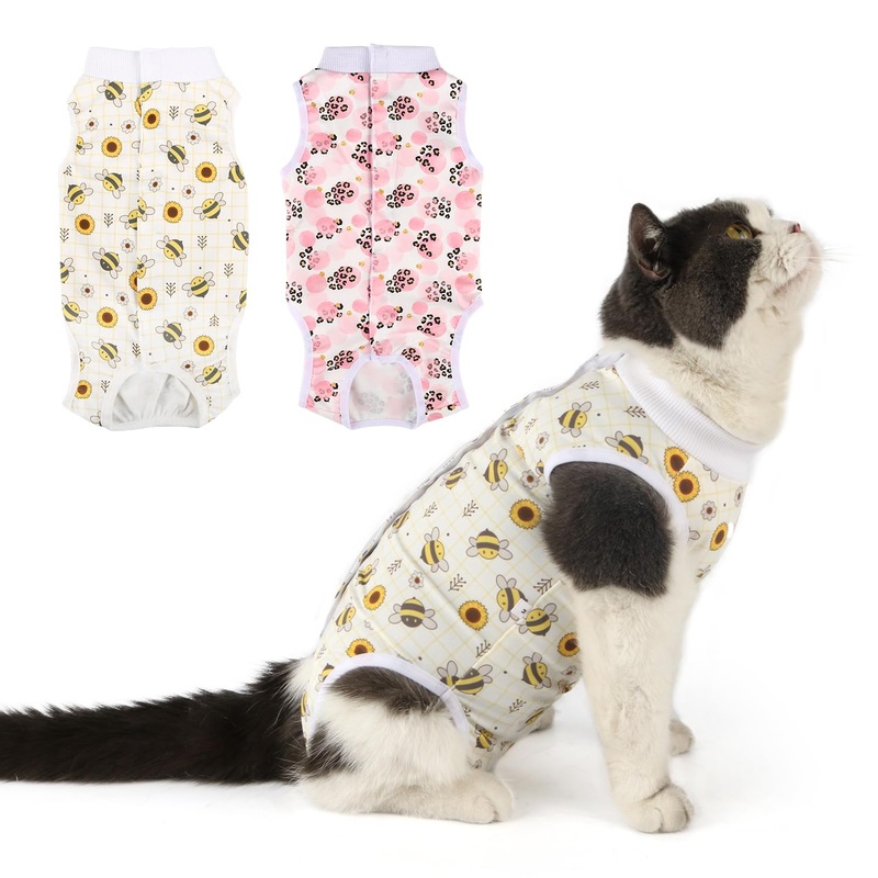 2 Packs Cat Surgery Recovery Suit Surgical Clothes Abdominal Wounds Anti-Licking Cat Bodysuit Onesie Substitute E-Collar& Cone Small Yellow Bee + Pink Leopard