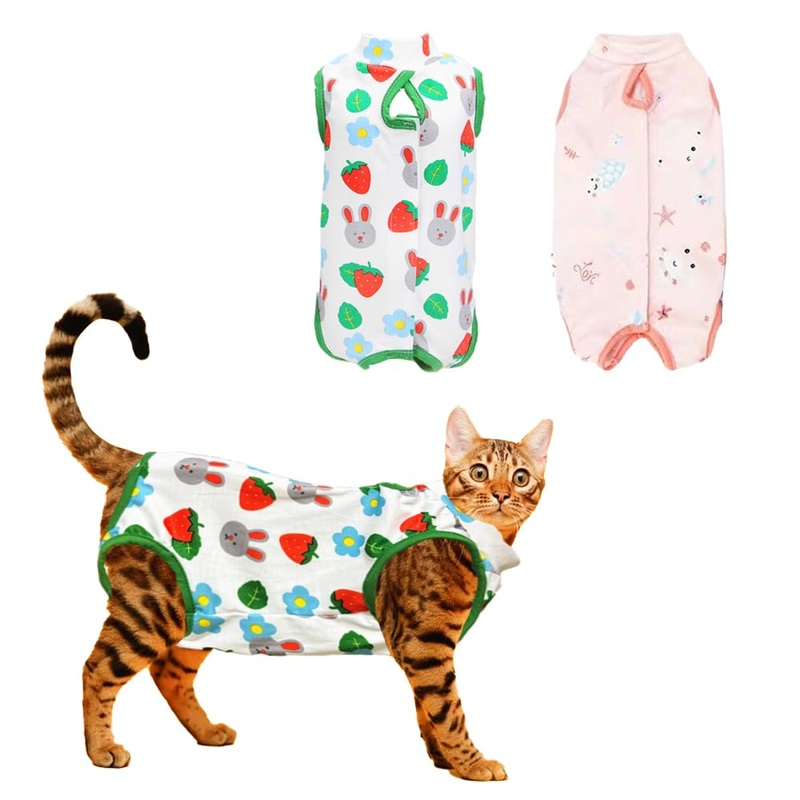 2 Pcs Cat Surgery Recovery Suit for Male and Female Cats, Cat Onesie for Cats After Neuter Surger, Anti Licking Wounds Clothes for Cats (Strawberry+Fish, S(2-3.5lbs)) Strawberry+Fish S(2-3.5lbs)