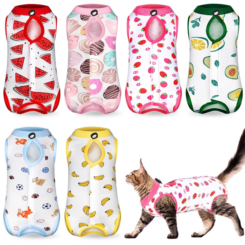6 Pcs Cat Recovery Suit Kitten Recovery Suit E Collar Alternative Pajama for Cats and Dogs Abdominal Skin Anti Licking Suit, Multi Styles (Fruit,Small) Fruit Small
