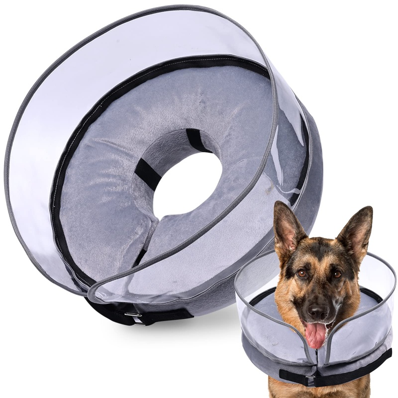 BARKLESS Dog Cone Collar, Inflatable Dog Cone after Surgery for Small Medium Large Dogs, Soft Dog Cone of Alternative with Enhanced Anti-Licking Guard Shield for Pets, Protective Dog Donut Collar XL (Neck: 18″-23″) Grey