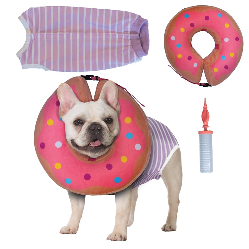 Barks & Mulligans Bundle Surgical Recovery Suit for Dogs After Surgery Onesie and Dog Donut Collar, Dog Surgery Suit Female Spay and Male Kit with Dog Cones for Large Dogs, Medium and Small, with Pump X-Large Purple-Pink