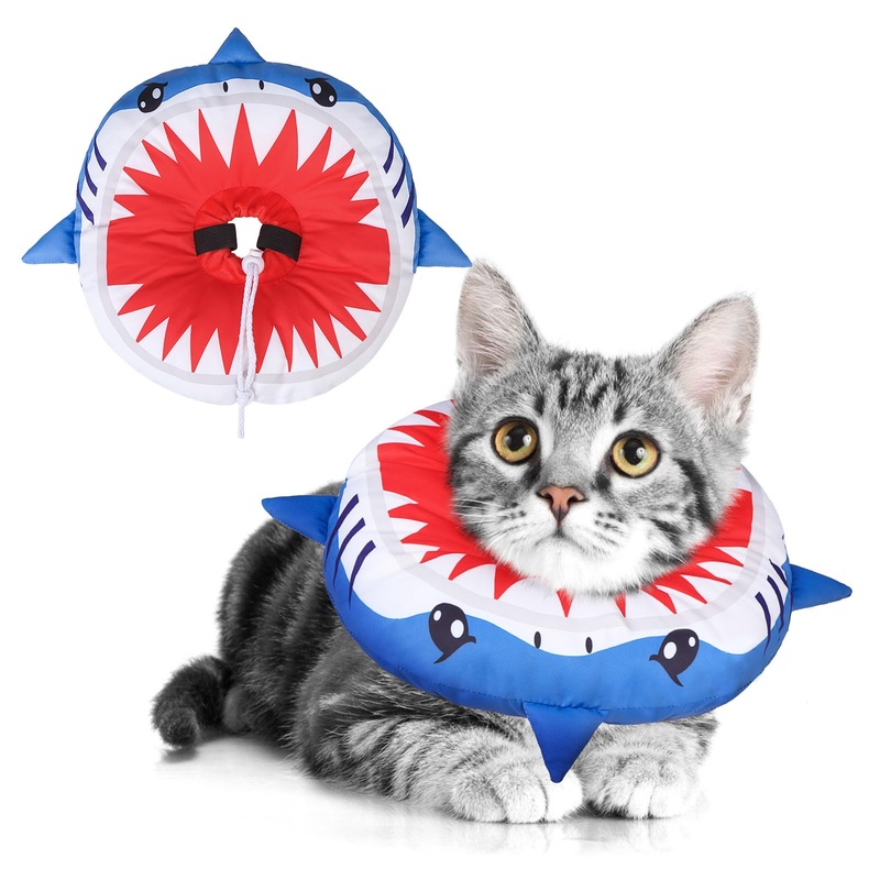 BEAUTYZOO Cat Cone Collars Soft, Cat Recovery E Collars After Surgery to Stop Licking, Adjustable Elizabeth Circle Collar Cute Pet Donut Pillow for Cats Kitten Small Dogs,Cute Shark Small (Neck Girth: 5″-10″)
