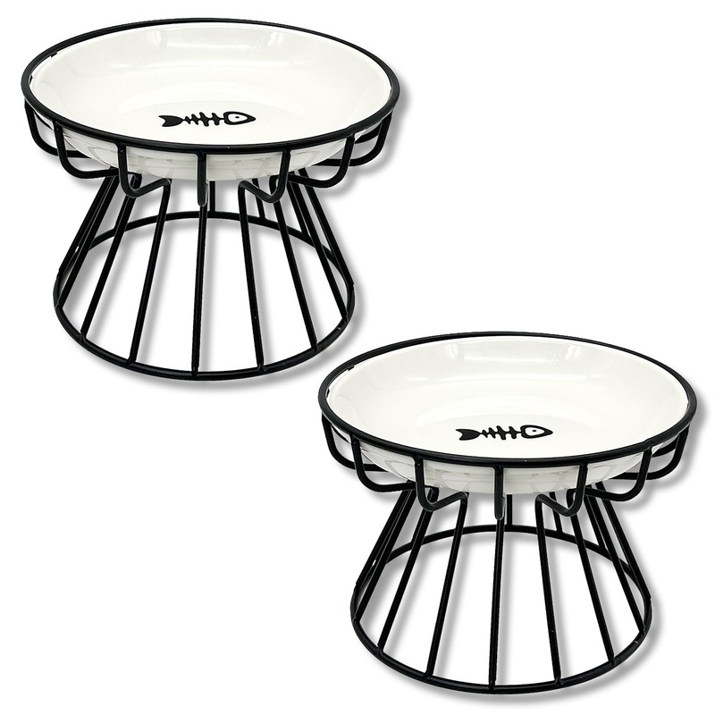 BNOSDM 2 Pcs Elevated Cat Bowls Ceramic Shallow Cat Food Bowl with Metal Stand, Raised Kitten Plate for Wet Food Anti Vomit Feeding Dish Set for Indoor Kitty and Small Cats Black2 Pcs Fishbone