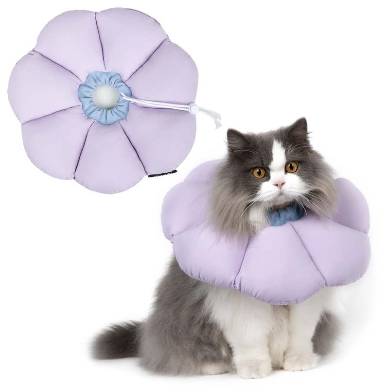 Cat Cone Collar,Cute Waterproof Cat Recovery Collar,Anti-Bite Lick Wound Healing Safety Elizabethan e Collar for Cats,Purple Flower All-Season Style Medium purple