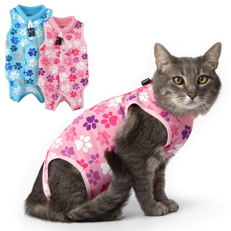 Cat Recovery Suit: Pink Cat Surgery Recovery Suit Female w/Paw Print Design – Elastic, Soft & Breathable Cat Recovery Suit for Spay – Washable Cat Surgery Suit for Post-Operative Healing Process. Small