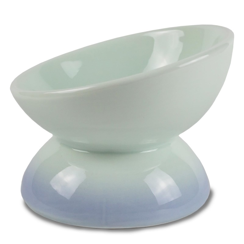 Ceramic Raised Cat Bowls, Tilted Elevated Food or Water Bowl for Cats and Small Dogs, Stress Free Whisker Friendly Porcelain Pet Bowl Dish, Dishwasher & Microwave Safe, Blue Blue-Gradient