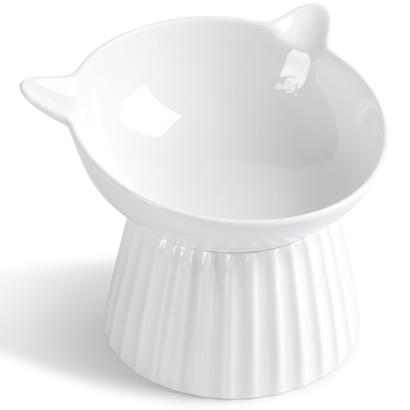 Ceramic Raised Cat BowlTilted Raised Cat Bowl Anti Vomit Cat Bowls for Indoor Cats Whisker Friendly Pet Feeder for Cats Puppies, Microwave and Dishwasher Safe White