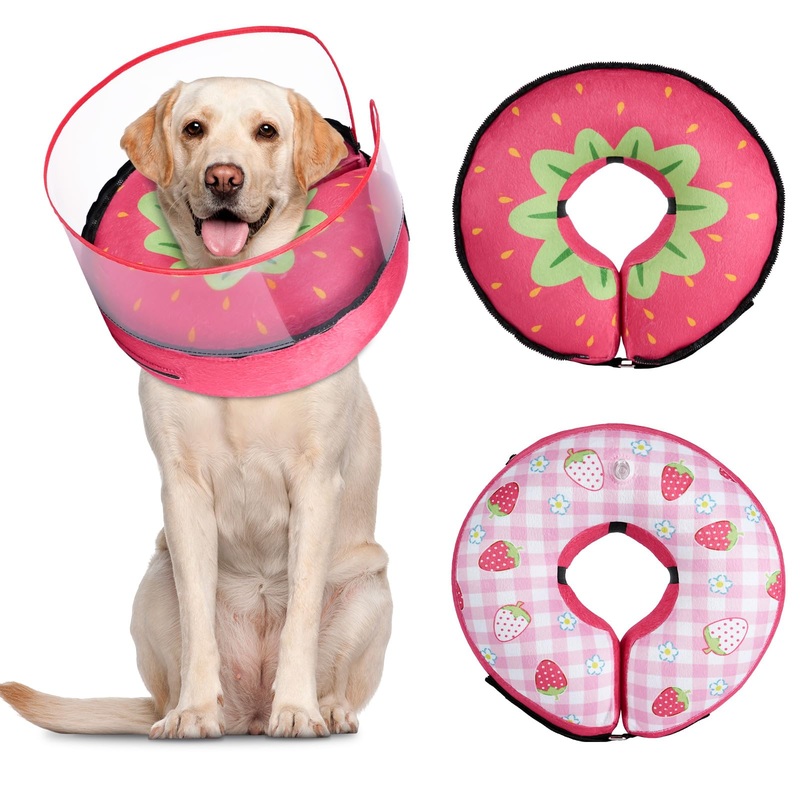 Dog Cone Collar for Small Medium Large Dogs Cats for After Surgery, Pet Inflatable Neck Donut Strawberry Collar Soft Protective Recovery Cone (Red, L) Red