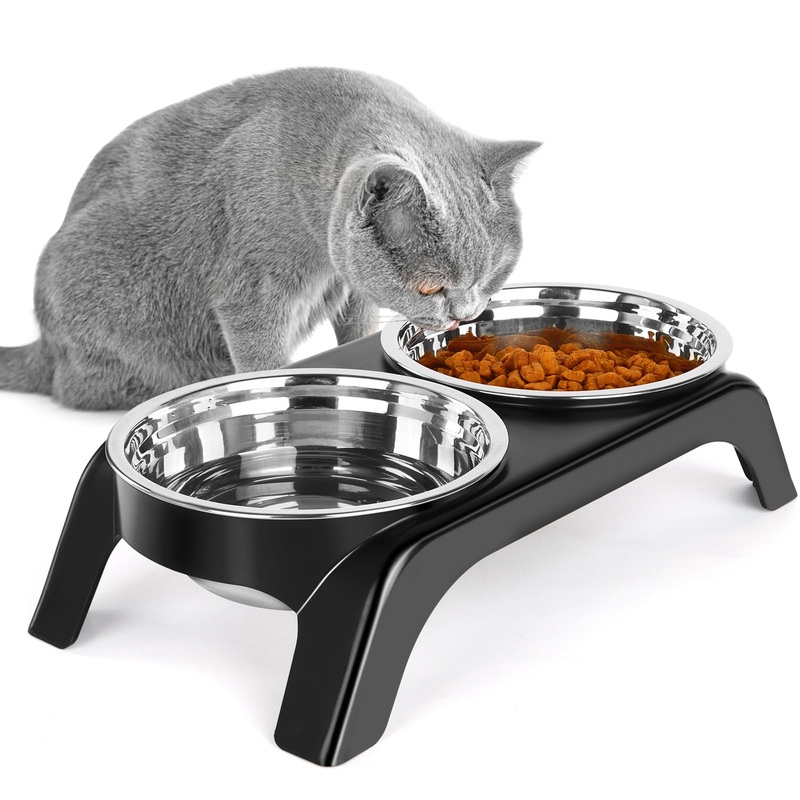 Elevated Cat Bowls, Anti Vomiting Raised Cat Food Bowl with 2 Stainless Steel Bowls, Prevent Neck Pain Cat Bowl Set, ABS Anti Slip Stand Cat Bowls for Indoor Cats & Puppies (Black) Black