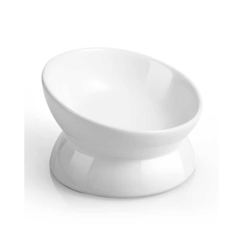 Elevated Cat Food Bowl, 5 Oz Ceramic Raised and Tilted Water Bowl, Anti Vomiting and Protect Pets’ Spines Dishes for Small Dog, Fat Faced Cat, Kitten (White, 1 Pack) White
