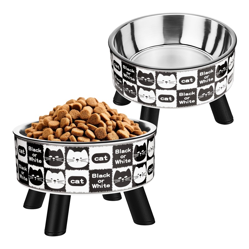 Elevated Cat Food Bowls 2PCS, Raised Cat Bowl with Stand Stainless Steel Anti Vomiting Non-Slip, Pet Feeding Bowls and Dishes Suitable for Cats, Kitten, Puppies and Small Dogs Black