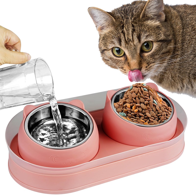 Elevated Cat Food Bowls, Raised Cat Bowl with Stand Stainless Steel, Tilted Cat Bowls Anti Vomiting, Double Cat Food and Water Bowl Set for Cats (Pink) Pink