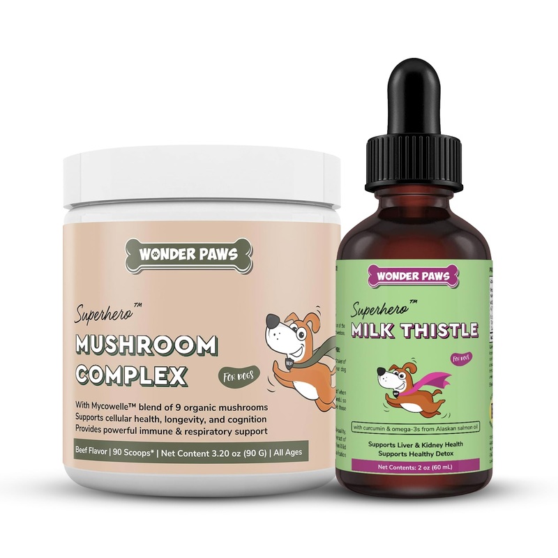 Mushroom Complex Powder Plus Milk Thistle Drops – for Dog Immune Support, Vitality Liver, Detox & Overall Wellness  Mushroom Complex 90 Scoops – Milk Thistle 2 Ounces