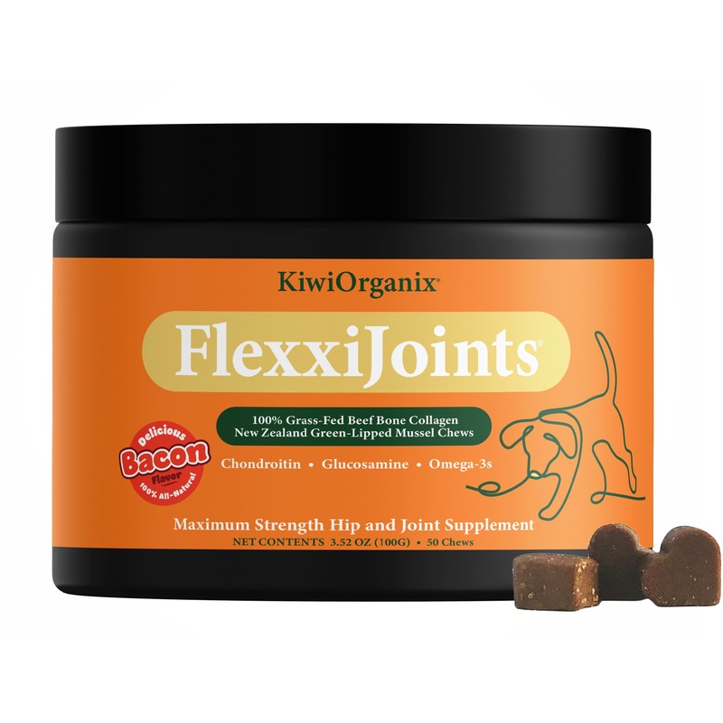NZorganix FlexxiJoints Hip and Joint Supplement Chews for Dogs, Cats  100% Grass-Fed Beef Bone Collagen New Zealand Green-Lipped Mussels  50 Chews