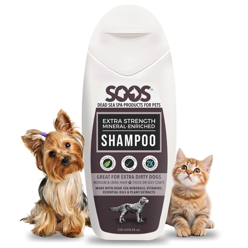 Soos Pets Shampoo Extra Strength for Cat and Dog Shampoo Natural Dead Sea Mineral Enriched Fast Absorbing with Vitamins Essential Oils Natural Ingredients Antib-acterial – 1x 250ml