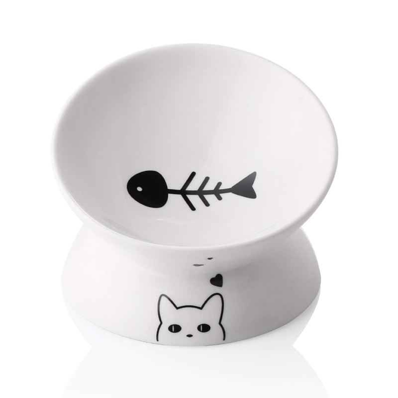 Sweejar Ceramic Raised Cat Bowls, Slanted Cat Dish Food or Water Bowls, Elevated Porcelain Pet Feeder Bowl Protect Cat’s Spine, Stress Free, Backflow Prevention (White) 5 Inch White