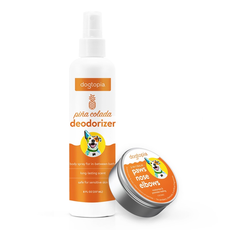 3-in-1 Paw Balm & Deodorizer Spray – Between Baths Bundle for Pets | Moisturizing Balm for Cracked Skin (2oz) & Long-Lasting Pia Colada Odor Eliminator (8oz) for Dogs & Cats Pina Colada