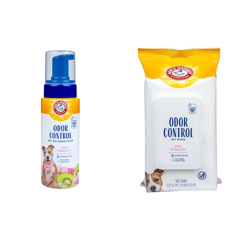Arm & Hammer for Pets Odor Control Bundle: No-Rinse Foam Deodorizer, Kiwi Blossom Scent, 8oz & Odor Control Wipes, 100 Count – Best Odor Eliminating Waterless Cleaning for Dogs & Puppies