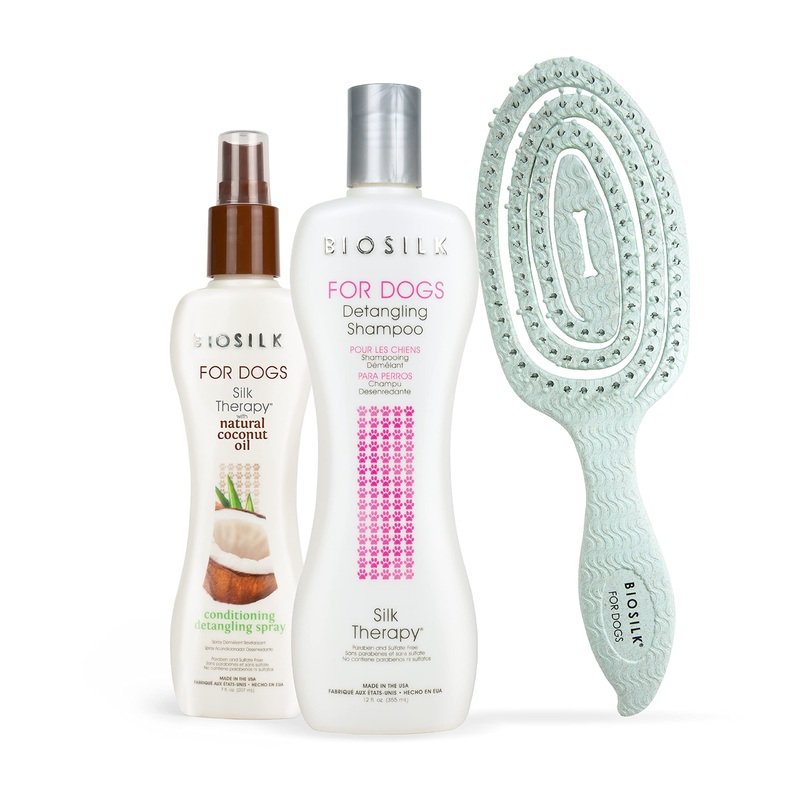 BioSilk Grooming Kit – Includes Silk Therapy Dog Detangling Shampoo, Conditioning Spray, and Pin Brush – Restores Moisture