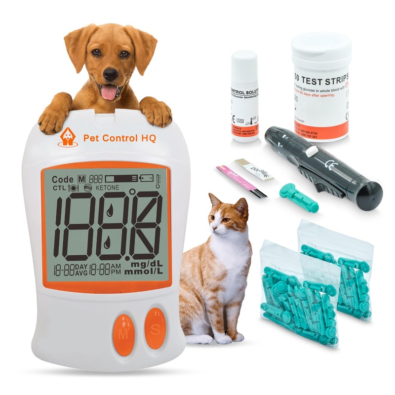 Blood Sugar Glucose Monitor System for Dogs and Cats – Pet Glucose Monitoring Kit – Accurate Diabetes Testing 2 Calibrated Code-Chips for Dog/Cat, Lancets, Logbook – Monitor + 50 Test Strips