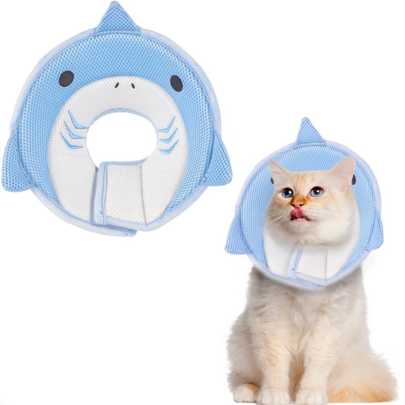 Cat Cone Collar Soft, Adjustable Cat Recovery Collar After Surgery to Prevent Licking Wound, Breathable Cat Neck Cone Comfortable Pet Elizabethan Collar for Cats Kittens Cute Shark Design Small Blue Shark