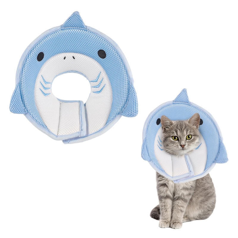 Cat Cone Collar Soft, Cute Cat Recovery Collar Soft Adjustable Cat Cones to Stop Licking Comfortable Breathable Lightweight Neck Cone for Cats Kittens Pet After Surgery S Blue Shark