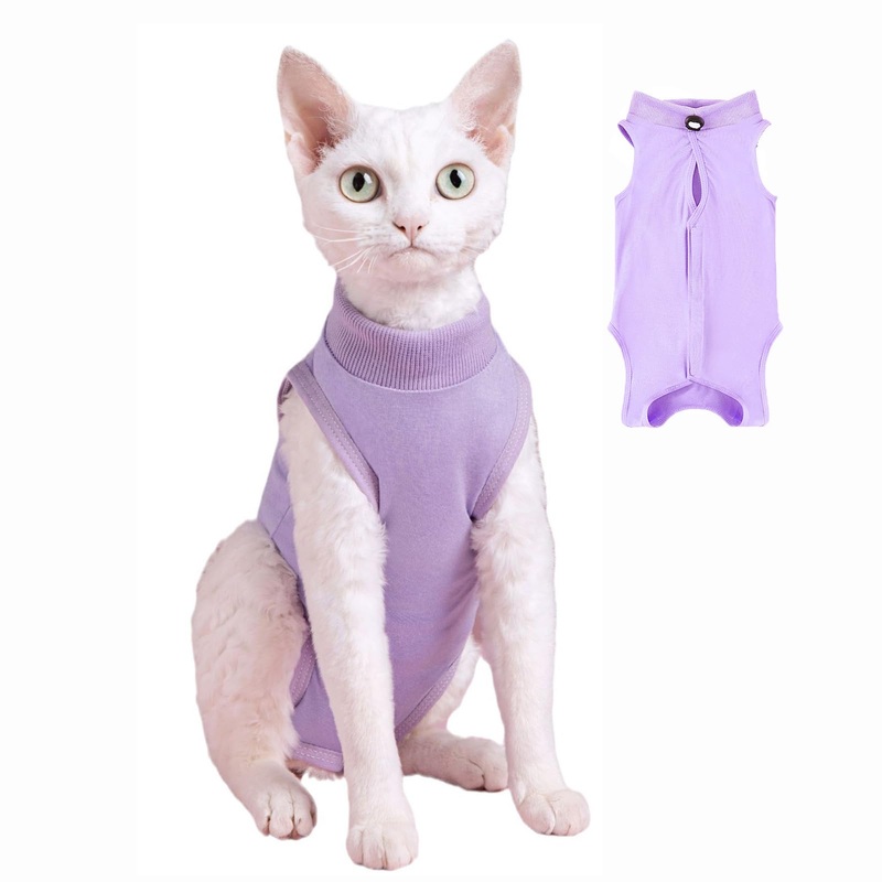 Cat Recovery Suit for Post After Surgery, Elizabethan Collar & Cone Alternative, Anti-Licking Wound for Abdominal Wounds or Skin Diseases Kitten Bodysuit (Purple, M) Medium Purple