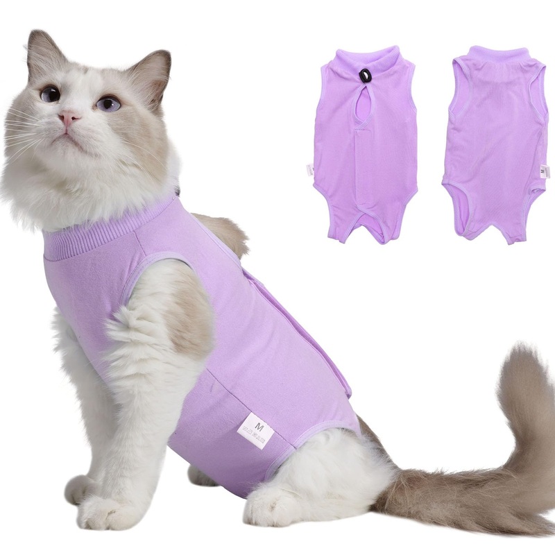 Cat Surgery Recovery Suit Female Kitten Cat Onesie for Cats After Surgery Spay Surgical Abdominal Wound Skin Diseases Cone Collar Soft Alternative Wear (Purple, M) Medium Purple