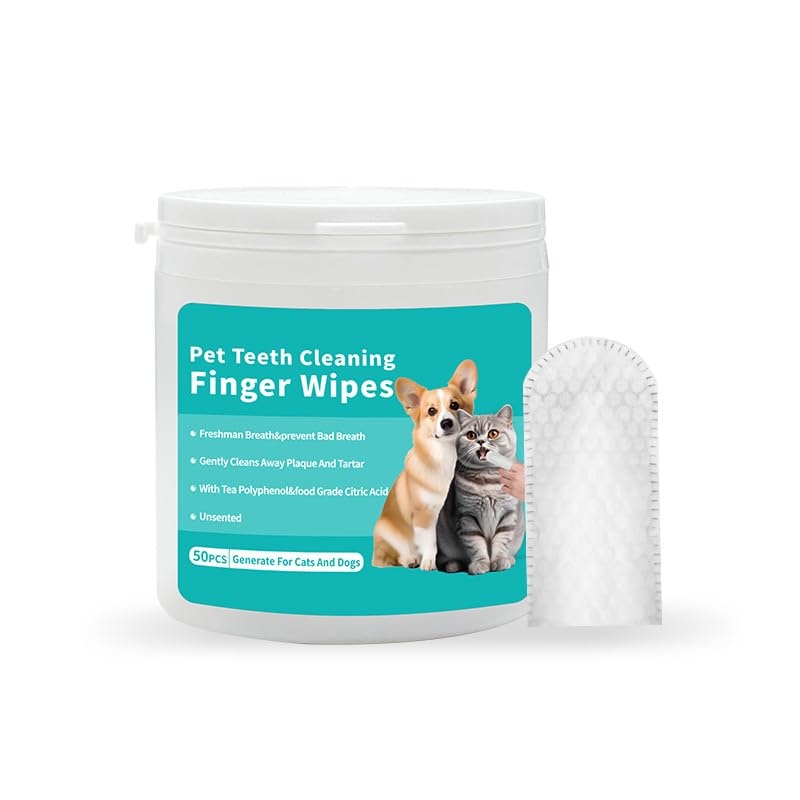 coldchill Pet Teeth Cleaning Finger Wipes, Remove Bad Breath by Removing Plaque and Tartar Buildup, No-Rinse Dogs & Cats Finger Toothbrush, Disposable Gentle Cleaning Care Pet Wipes, 50 Counts