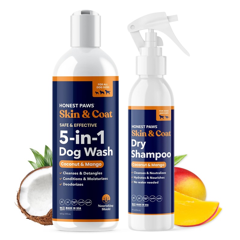 Honest Paws Dog Shampoo Conditioner – Grooming Bundle with Dry Shampoo – Cleanse, Moisturize, Deodorize, Condition, Detangle – Coconut & Mango